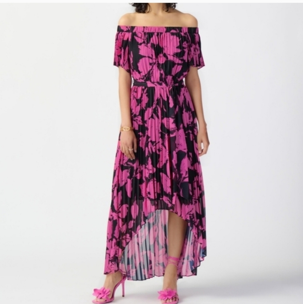 Joseph Ribkoff Medium Romantic Belted Vacation Wedding Pleated Off Shoulder Dres